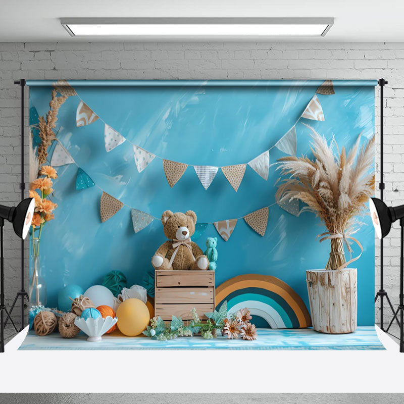 Aperturee - Aperturee Blue Wall Rainbw Boho Hay Bear Cake Smash Backdrop