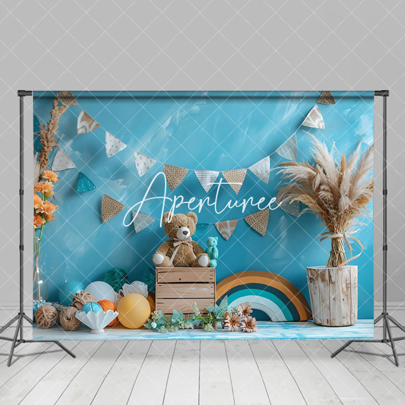 Aperturee - Aperturee Blue Wall Rainbw Boho Hay Bear Cake Smash Backdrop