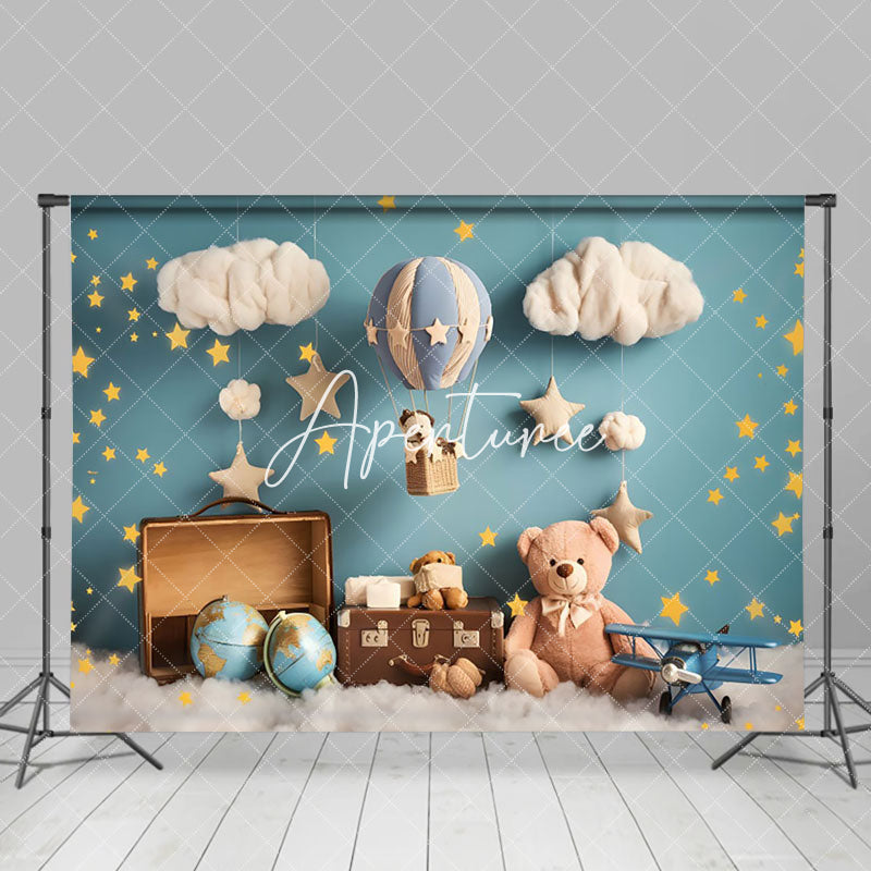 Aperturee - Aperturee Blue Wall Star Cloud Travel Bear Cake Smash Backdrop