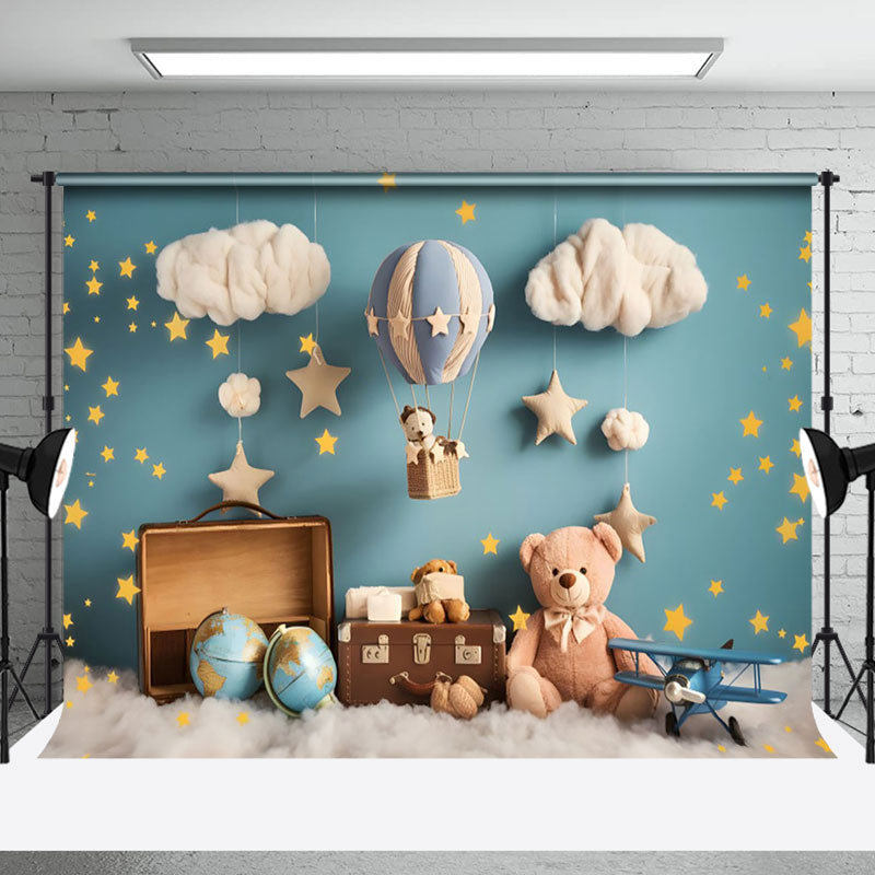 Aperturee - Aperturee Blue Wall Star Cloud Travel Bear Cake Smash Backdrop