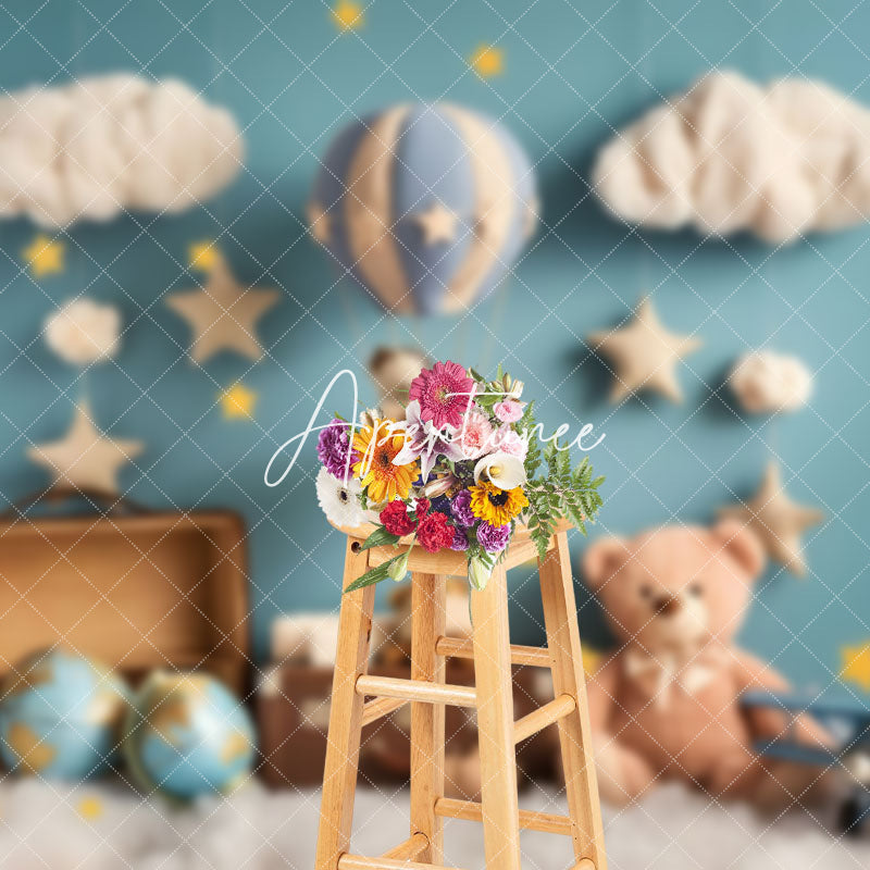 Aperturee - Aperturee Blue Wall Star Cloud Travel Bear Cake Smash Backdrop