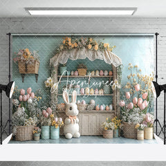 Aperturee - Aperturee Blue Wall Wood Egg Shelf Floral Bunny Easter Backdrop