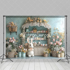 Aperturee - Aperturee Blue Wall Wood Egg Shelf Floral Bunny Easter Backdrop