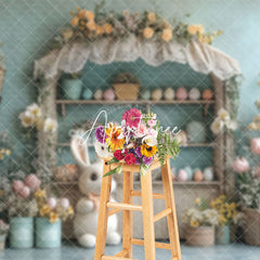 Aperturee - Aperturee Blue Wall Wood Egg Shelf Floral Bunny Easter Backdrop