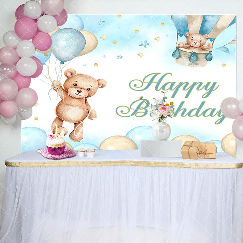 Aperturee - Aperturee Blue Watercolor Bear Balloons Kids Birthday Backdrop