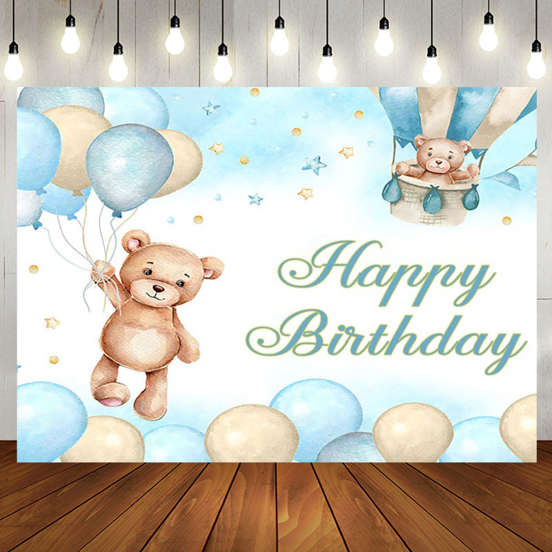 Aperturee - Aperturee Blue Watercolor Bear Balloons Kids Birthday Backdrop