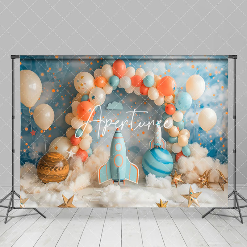 Aperturee - Aperturee Blue White Arch Balloons Galaxy Cake Smash Backdrop