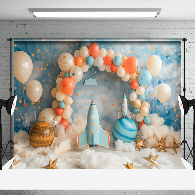 Aperturee - Aperturee Blue White Arch Balloons Galaxy Cake Smash Backdrop