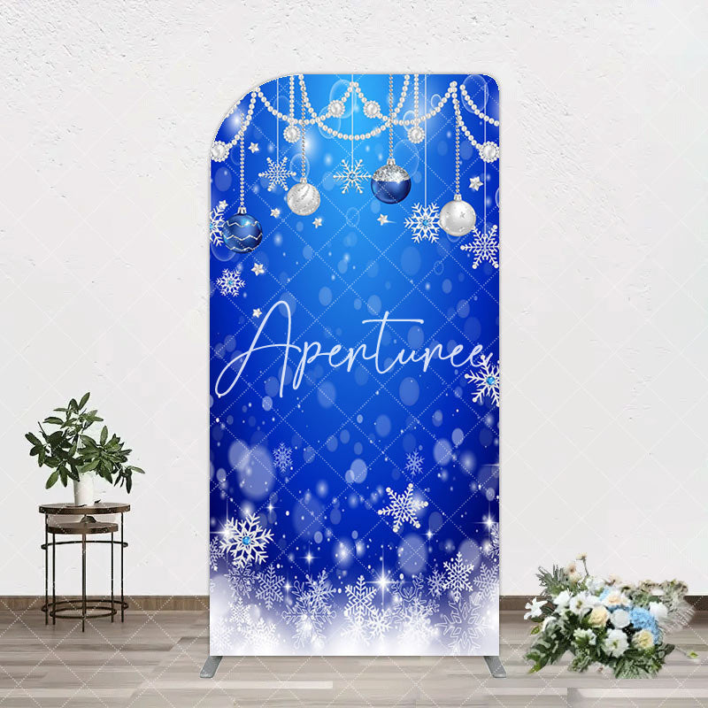 Aperturee - Aperturee Blue White Bokeh Snowy Bells Christmas Arch Backdrop