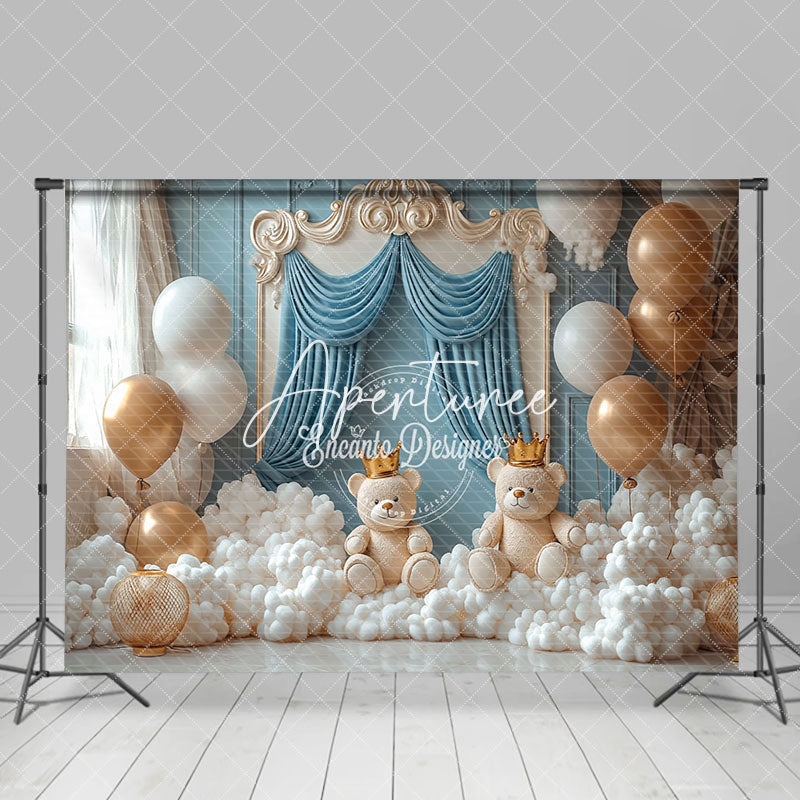 Aperturee - Aperturee Blue White Fairy Bear Balloons Cake Smash Backdrop