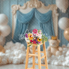 Aperturee - Aperturee Blue White Fairy Bear Balloons Cake Smash Backdrop