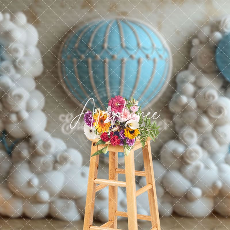 Aperturee - Aperturee Blue White Hot Air Balloon Birthday Photo Backdrop