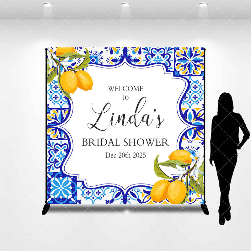 Aperturee - Aperturee Blue White Lemon Custom Name Bridal Shower Backdrop