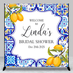 Aperturee - Aperturee Blue White Lemon Custom Name Bridal Shower Backdrop