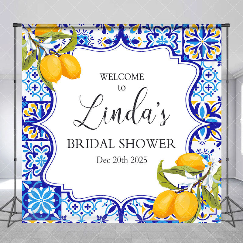 Aperturee - Aperturee Blue White Lemon Custom Name Bridal Shower Backdrop