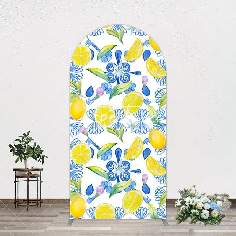 Aperturee - Aperturee Blue White Mediterranean Lemon Birthday Arch Backdrop