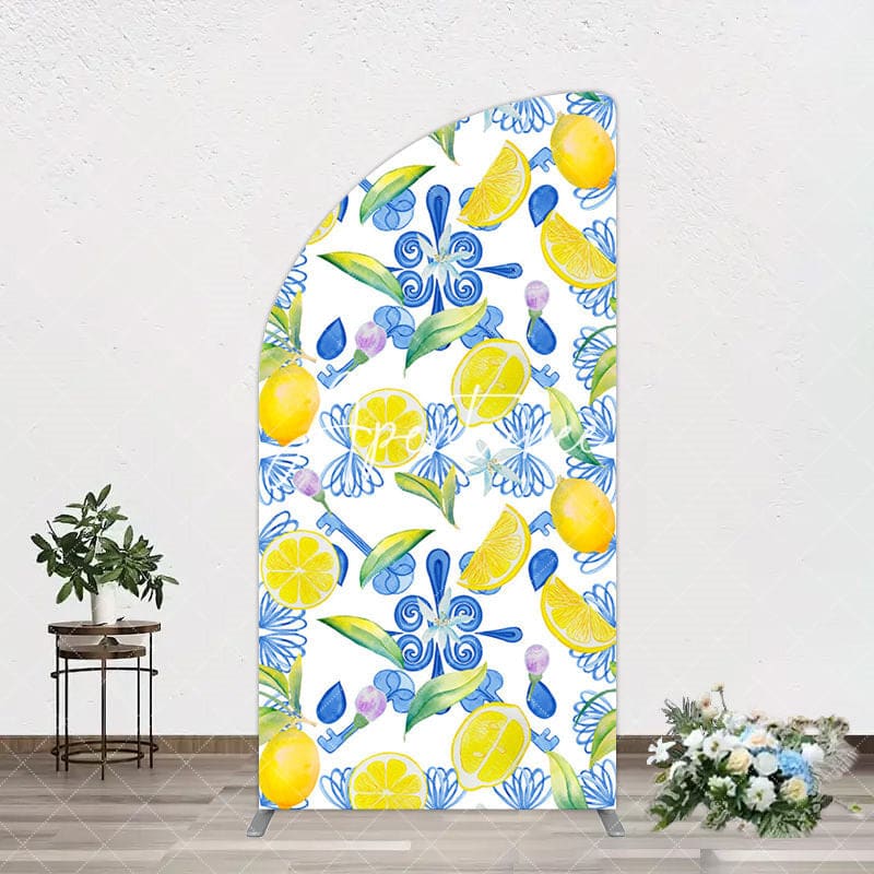 Aperturee - Aperturee Blue White Mediterranean Lemon Birthday Half Moon Arch Backdrop