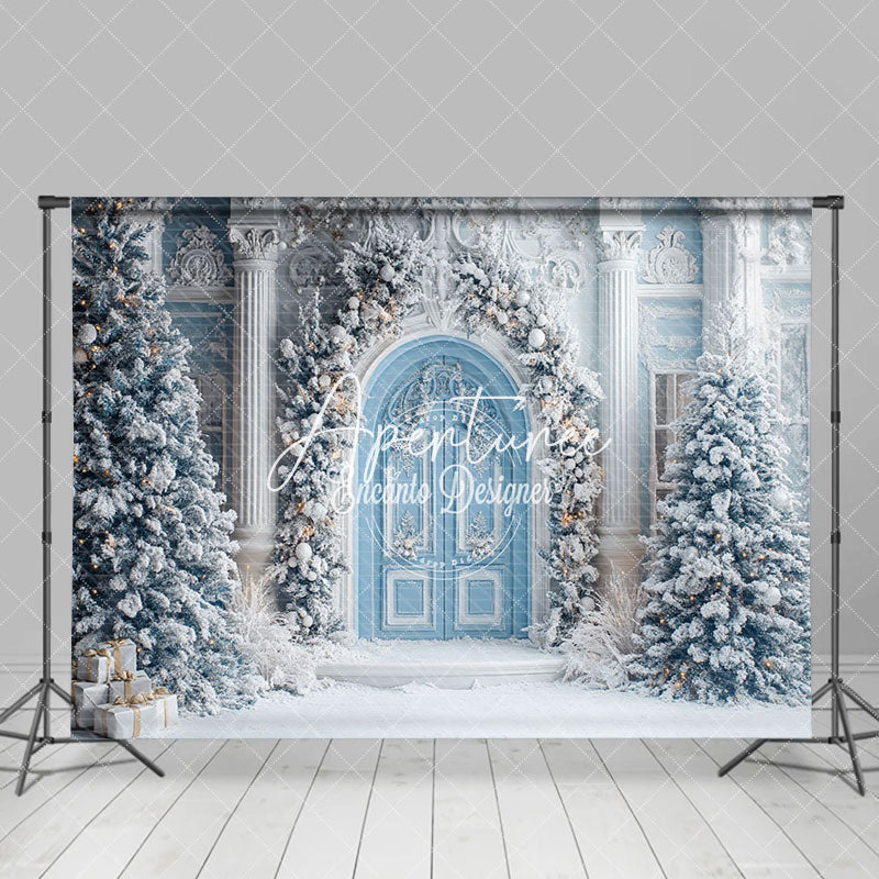 Aperturee - Aperturee Blue White Palace Wall Pine Tree Christmas Backdrop