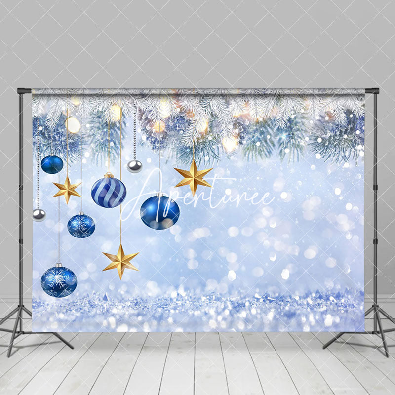 Aperturee - Aperturee Blue White Snowy Bells Star Bokeh Christmas Backdrop