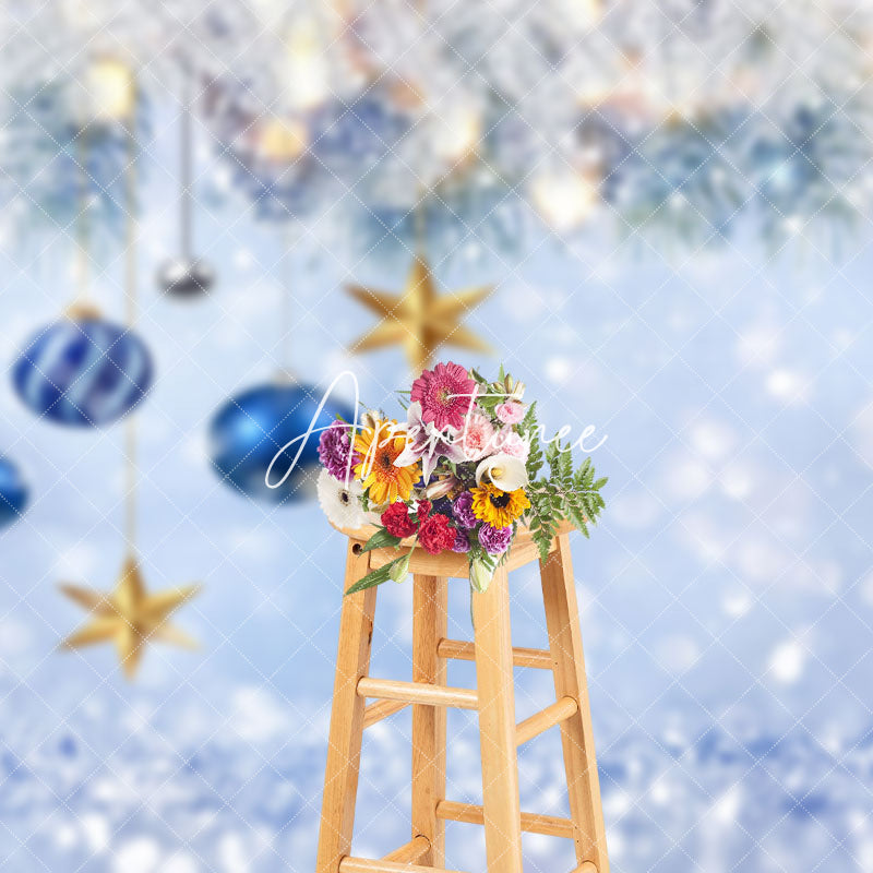 Aperturee - Aperturee Blue White Snowy Bells Star Bokeh Christmas Backdrop