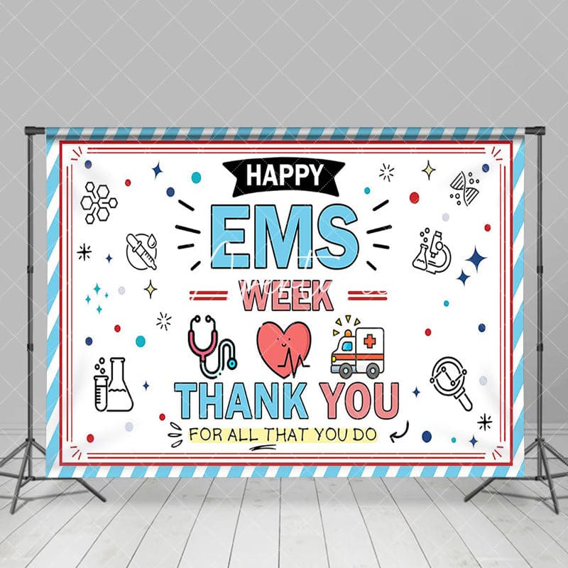 Aperturee - Aperturee Blue White Stripe Happy EMS Week Thank You Backdrop