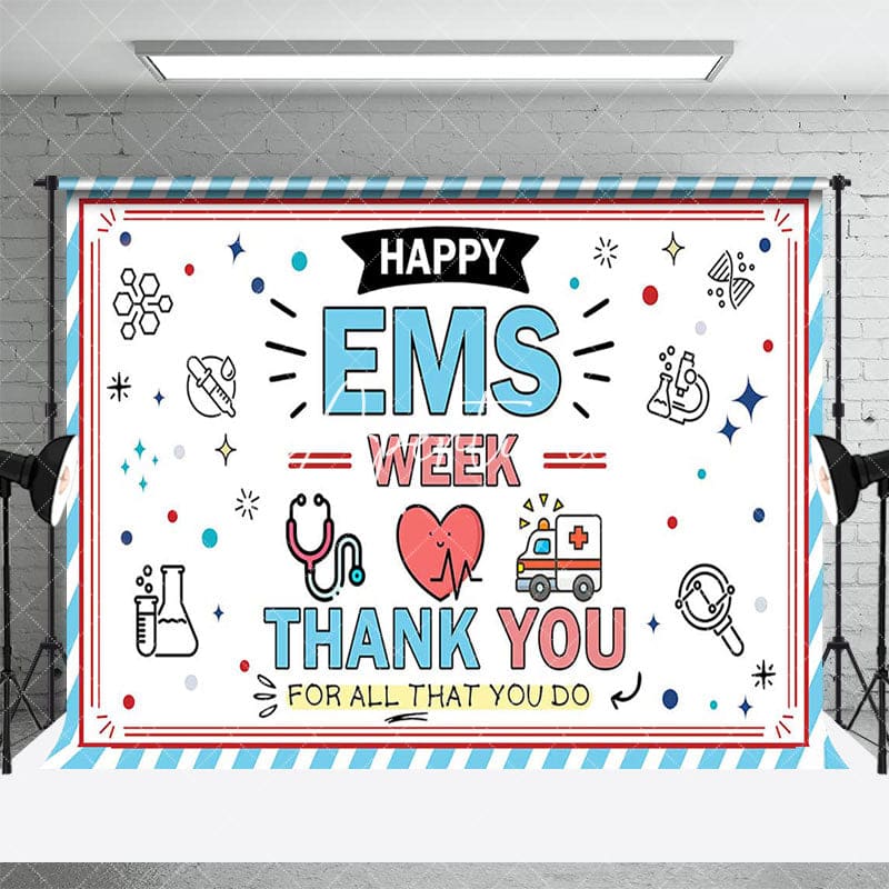 Aperturee - Aperturee Blue White Stripe Happy EMS Week Thank You Backdrop