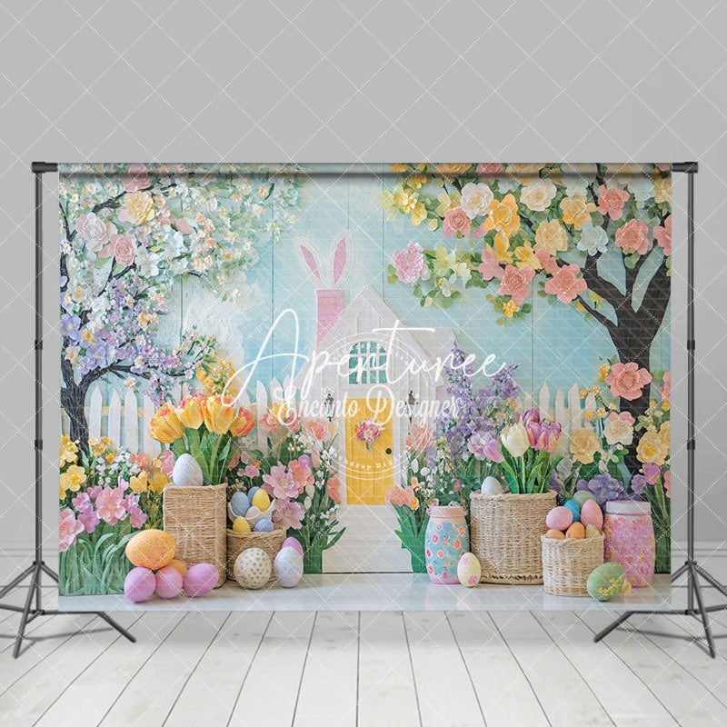 Aperturee - Aperturee Blue White Wall Colorful Floral Trees Easter Backdrop