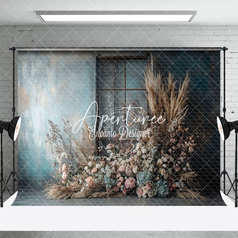 Aperturee - Aperturee Blue White Wall Door Floral Reed Boho Wedding Backdrop