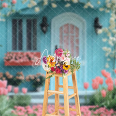 Aperturee - Aperturee Blue Wood Cabin Pink Tulip White Vine Spring Backdrop