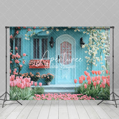 Aperturee - Aperturee Blue Wood Cabin Pink Tulip White Vine Spring Backdrop