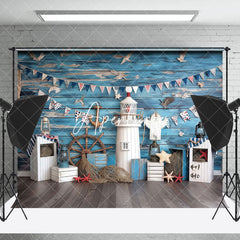 Aperturee - Aperturee Blue Wood Nautical Flag Lighthouse Cake Smash Backdrop