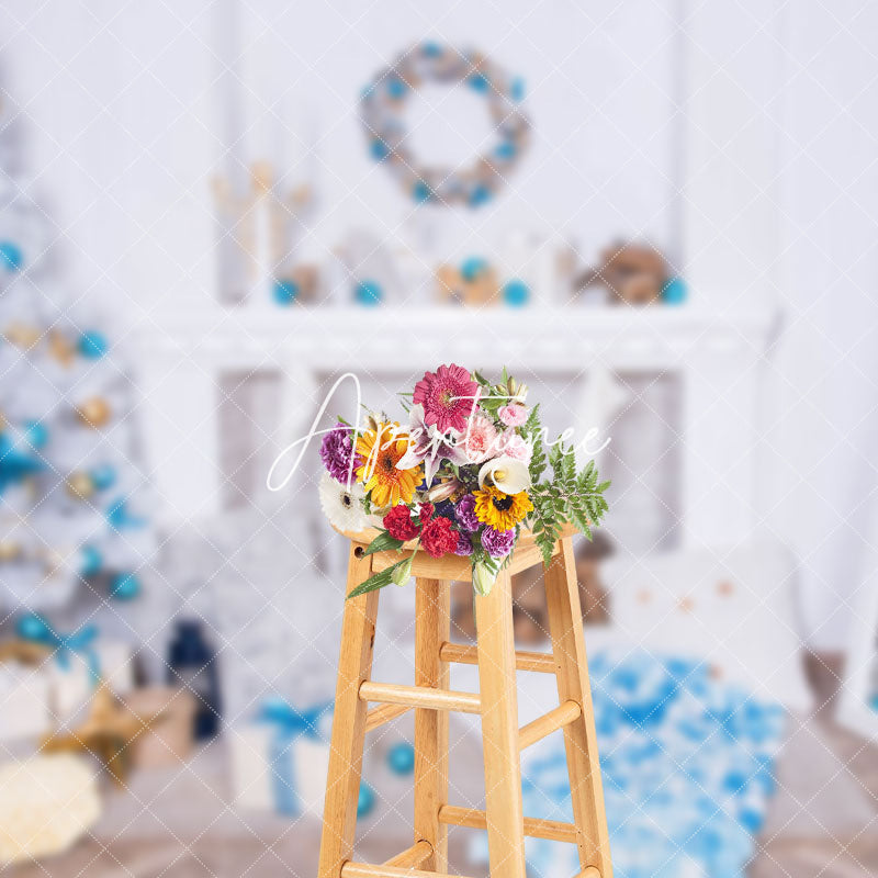 Aperturee - Aperturee Blue Wreath White Fireplace Wall Christmas Backdrop