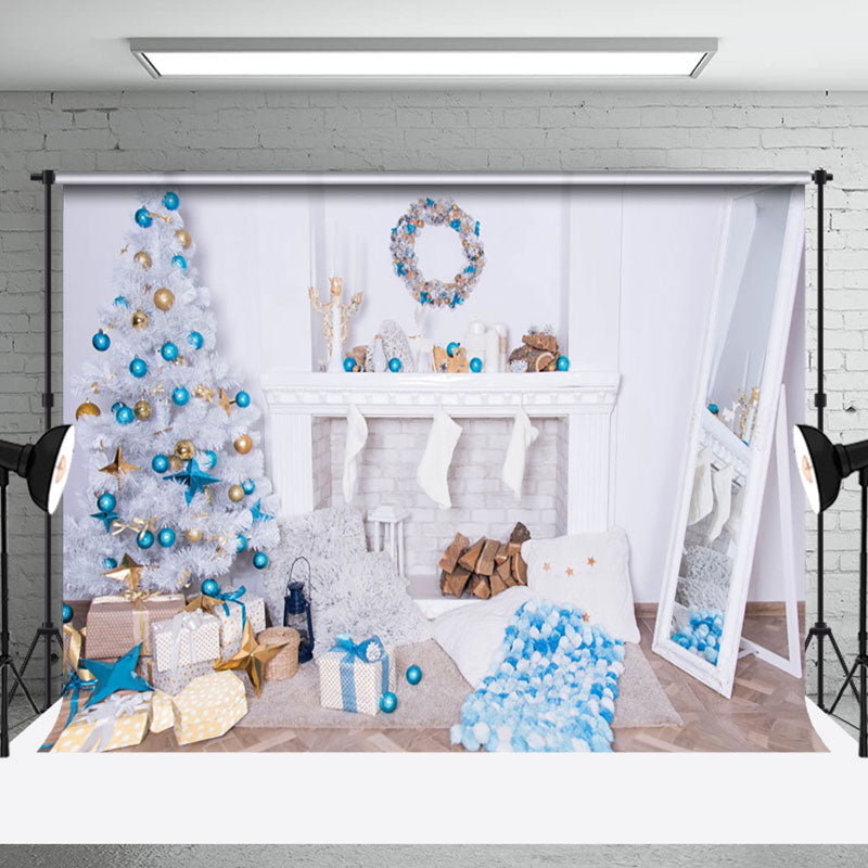 Aperturee - Aperturee Blue Wreath White Fireplace Wall Christmas Backdrop