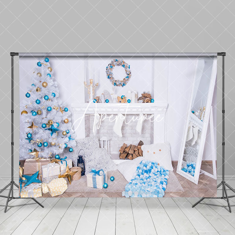 Aperturee - Aperturee Blue Wreath White Fireplace Wall Christmas Backdrop