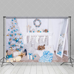 Aperturee - Aperturee Blue Wreath White Fireplace Wall Christmas Backdrop