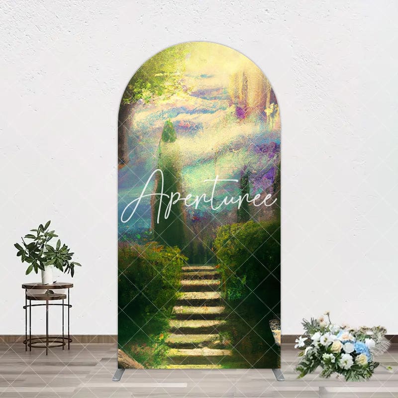 Aperturee - Aperturee Blurry Blue Stairs Greenery Scenery Arch Backdrop