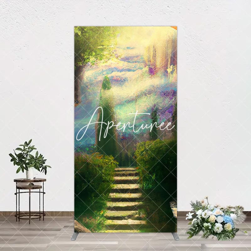 Aperturee - Aperturee Blurry Blue Stairs Greenery Scenery Rectangle Backdrop