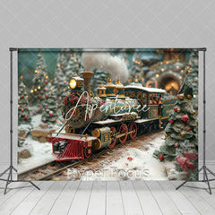 Aperturee - Aperturee Blurry Christmas Green Gold Train Trees Backdrop