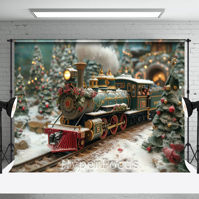 Aperturee - Aperturee Blurry Christmas Green Gold Train Trees Backdrop