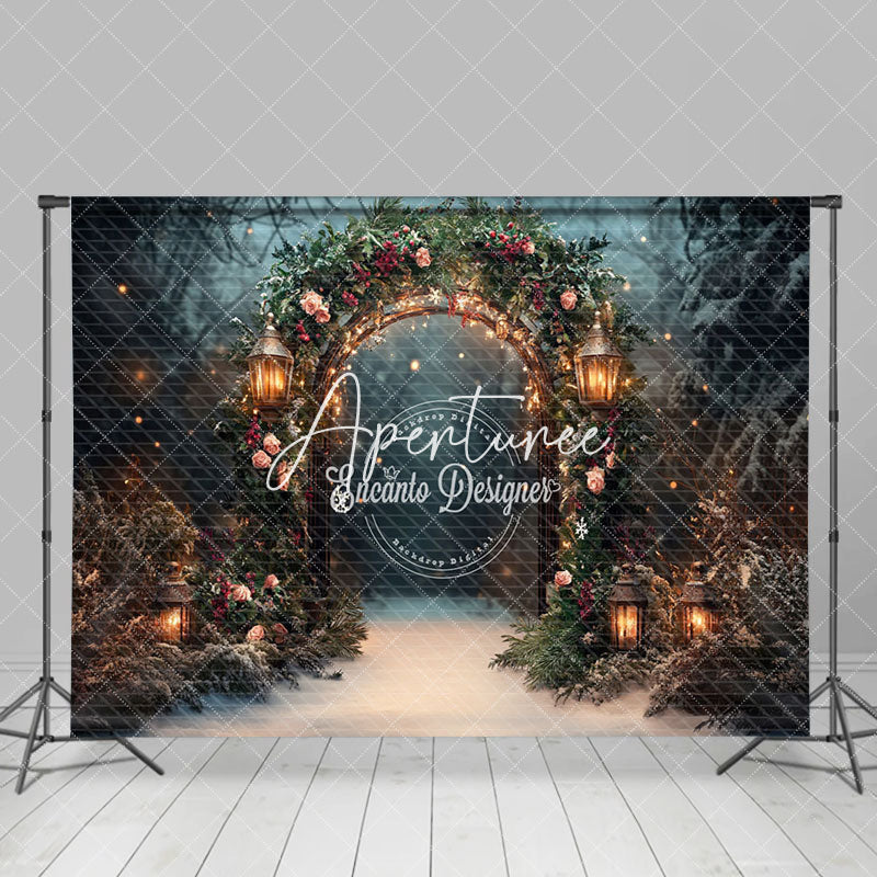 Aperturee - Aperturee Blurry Dark Night Floral Lighted Christmas Backdrop