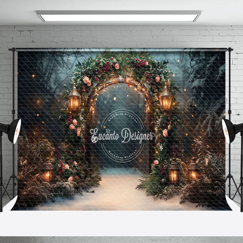 Aperturee - Aperturee Blurry Dark Night Floral Lighted Christmas Backdrop