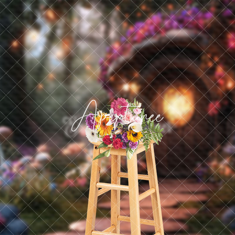 Aperturee - Aperturee Blurry Fairy Tale Forest Wooden House Photo Backdrop