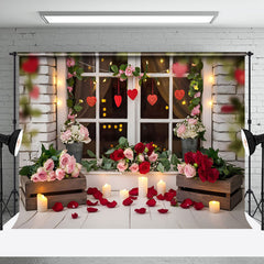 Aperturee - Aperturee Blurry Floral Heart Window Valentines Day Backdrop