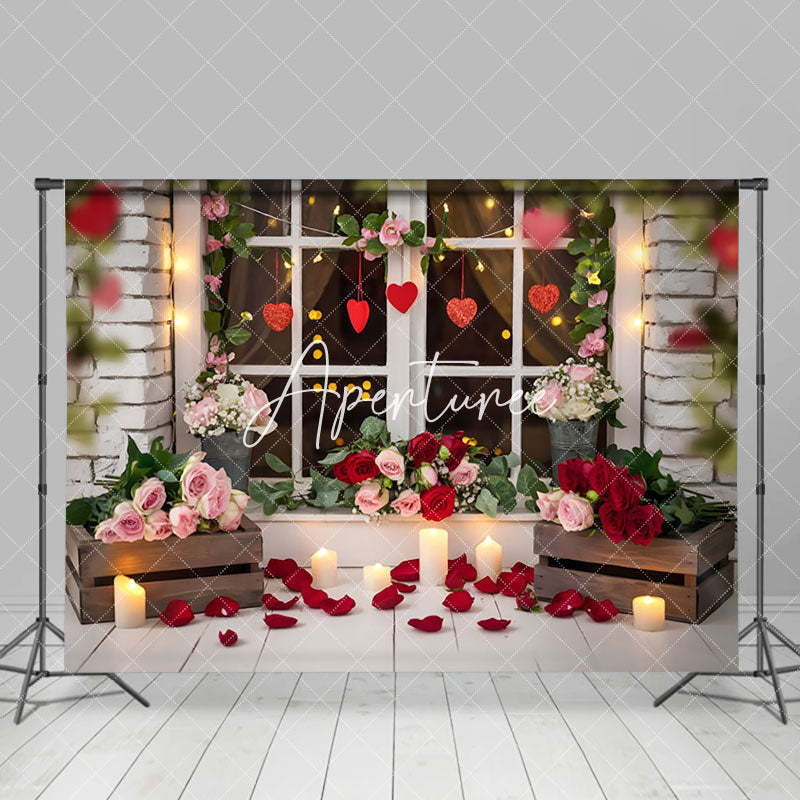 Aperturee - Aperturee Blurry Floral Heart Window Valentines Day Backdrop