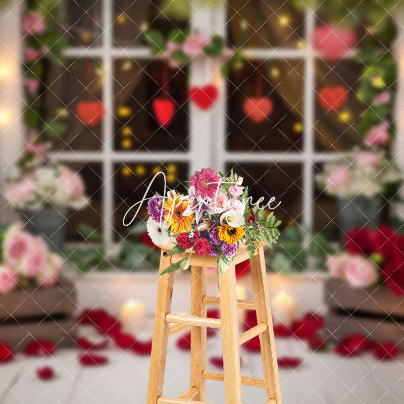 Aperturee - Aperturee Blurry Floral Heart Window Valentines Day Backdrop