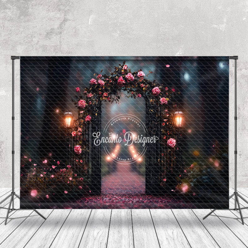 Aperturee - Aperturee Blurry Forest Floral Arch Light Wedding Backdrop