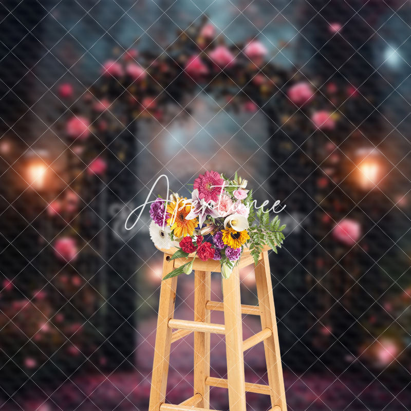 Aperturee - Aperturee Blurry Forest Floral Arch Light Wedding Backdrop