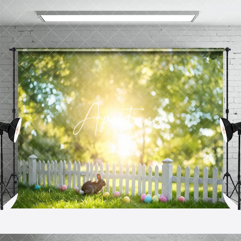 Aperturee - Aperturee Blurry Forest Sunlight Fence Rabbit Easter Backdrop