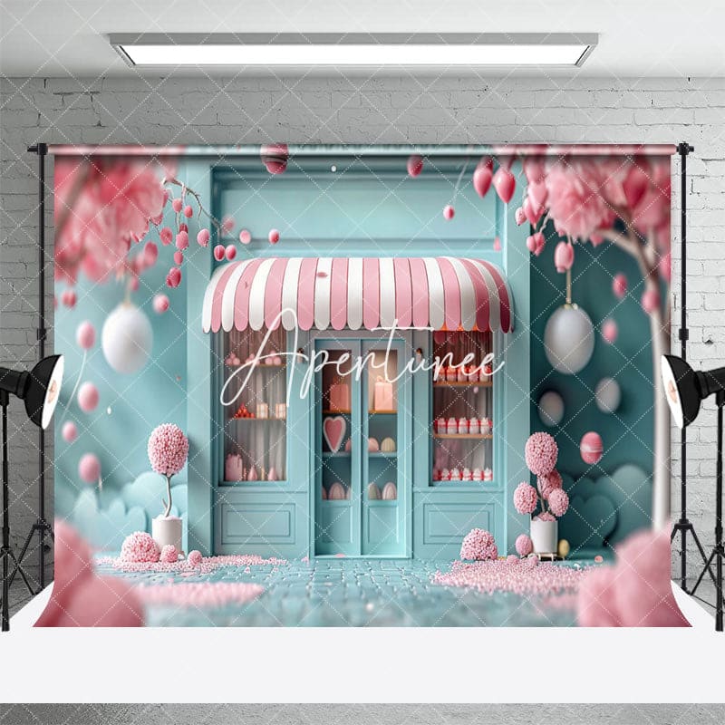 Aperturee - Aperturee Blurry Light Green Store Pink Tree Cake Smash Backdrop