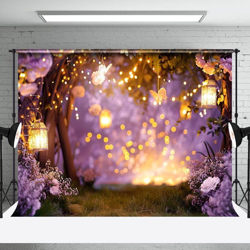 Aperturee - Aperturee Blurry Night Forest Light Purple Floral Backdrop